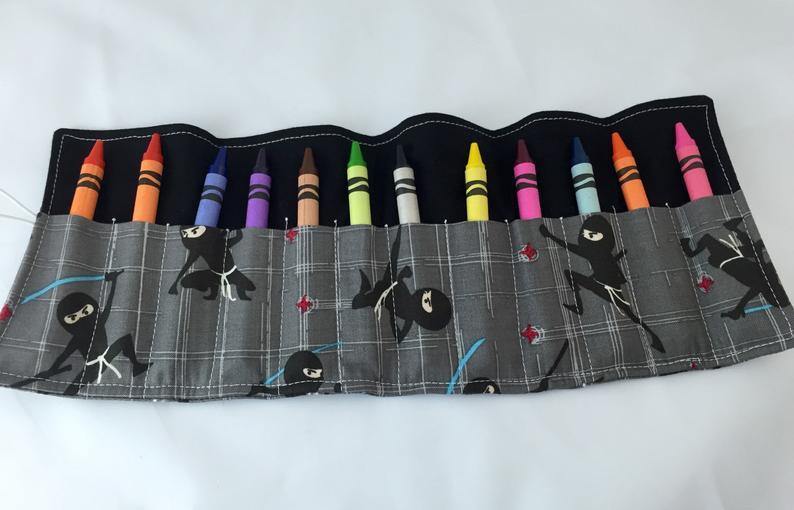 Ninja  Crayon Roll Up, Preschool Travel Toy,  Boy's Crayon Case, Black Crayon Wallet - EcoHip Custom Designs
