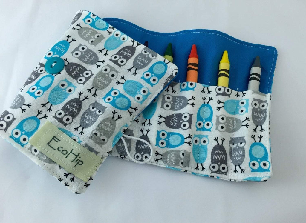 Owl Crayon Roll, Toddler Travel Toy, Kid's Crayon Case, Crayon Wallet, Gray, Blue - EcoHip Custom Designs