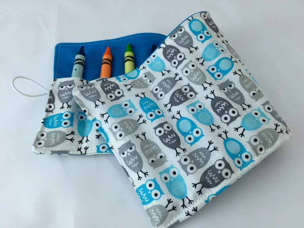 Owl Crayon Roll, Toddler Travel Toy, Kid's Crayon Case, Crayon Wallet, Gray, Blue - EcoHip Custom Designs