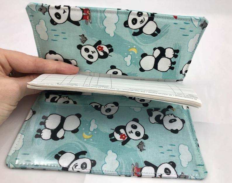 Panda Checkbook Cover, Duplicate Check Book Cover, Fabric Checkbook, Blue - EcoHip Custom Designs