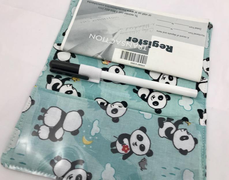 Panda Checkbook Cover, Duplicate Check Book Cover, Fabric Checkbook, Blue - EcoHip Custom Designs