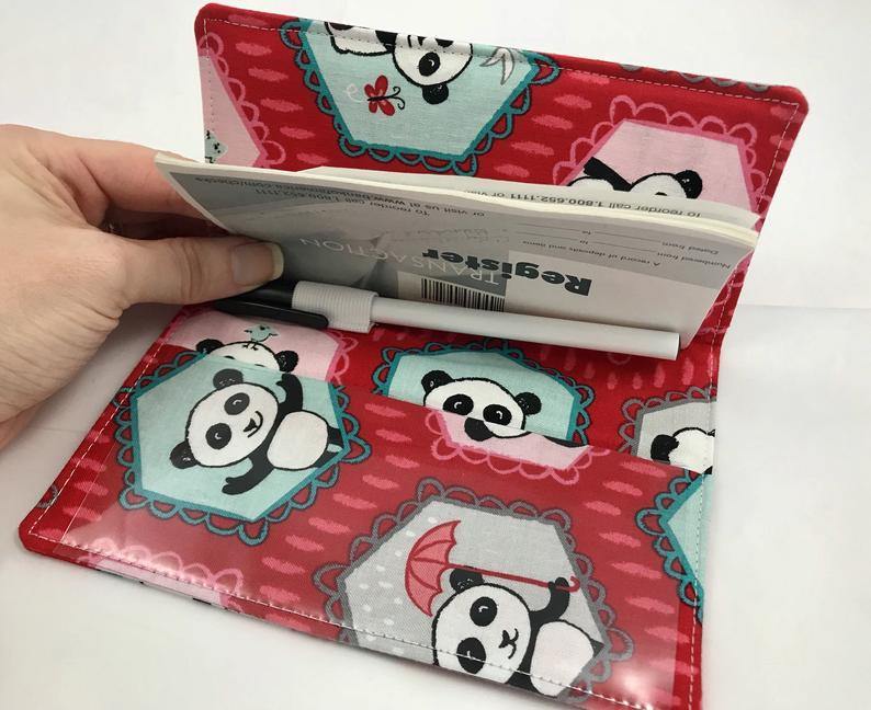Panda Checkbook Cover, Duplicate Check Book, Pen Holder, Checkbook Wallet, Red - EcoHip Custom Designs