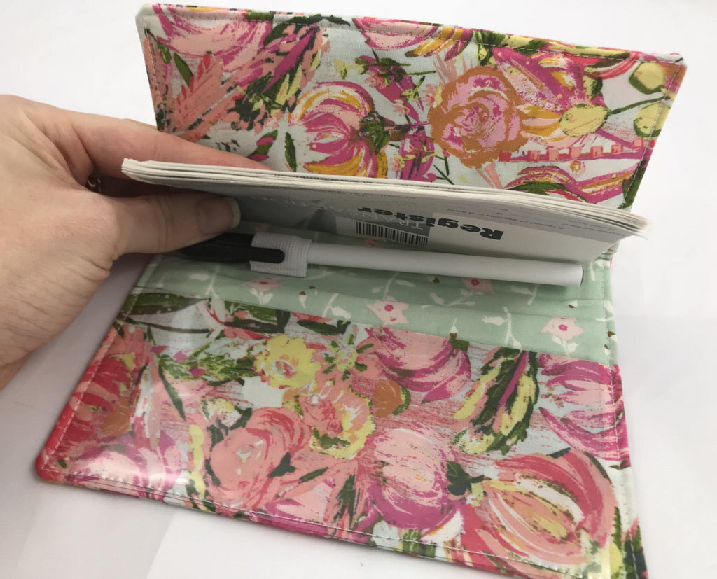 Pink Checkbook Cover, Women’s Duplicate Check Book, Purse Organizer, Green, Floral - EcoHip Custom Designs