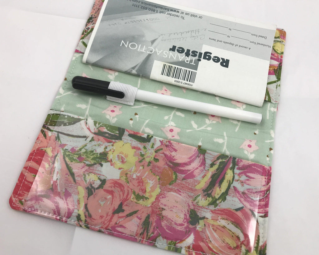 Pink Checkbook Cover, Women’s Duplicate Check Book, Purse Organizer, Green, Floral - EcoHip Custom Designs