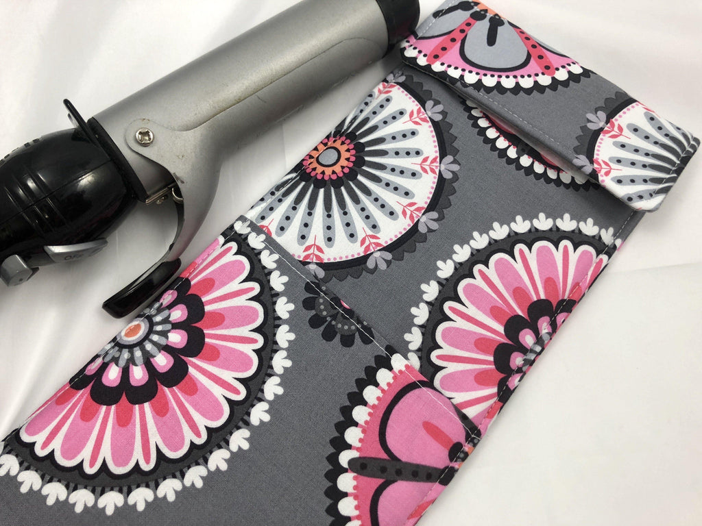 Pink Curling Iron Case, Gray Flat Iron Holder, Travel Curling Wand, Heat Reflective - EcoHip Custom Designs