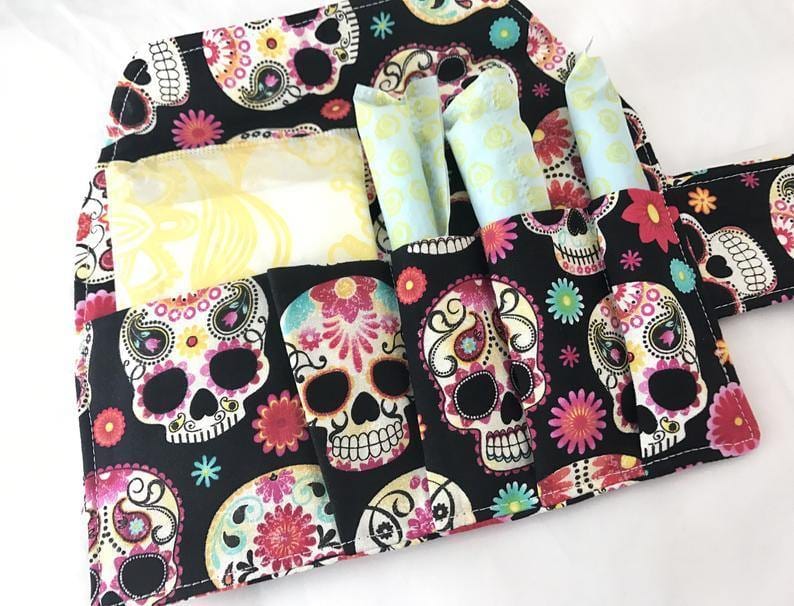 Privacy Tampon and Sanitary Pad Bag Holder, Feminine Products Cozy, Wallet, Sugar Skulls - EcoHip Custom Designs