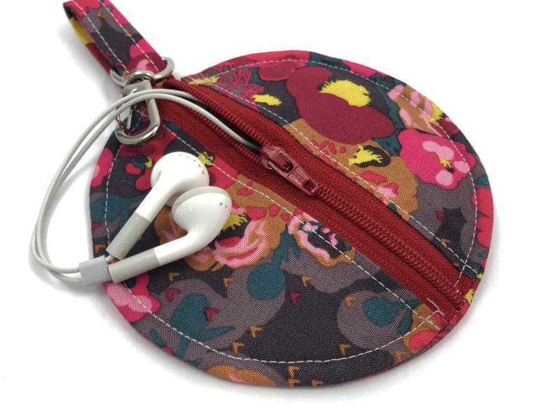 Red Earbud Case, Headphone Case, Handmade Pouch, Peonies Floral - EcoHip Custom Designs