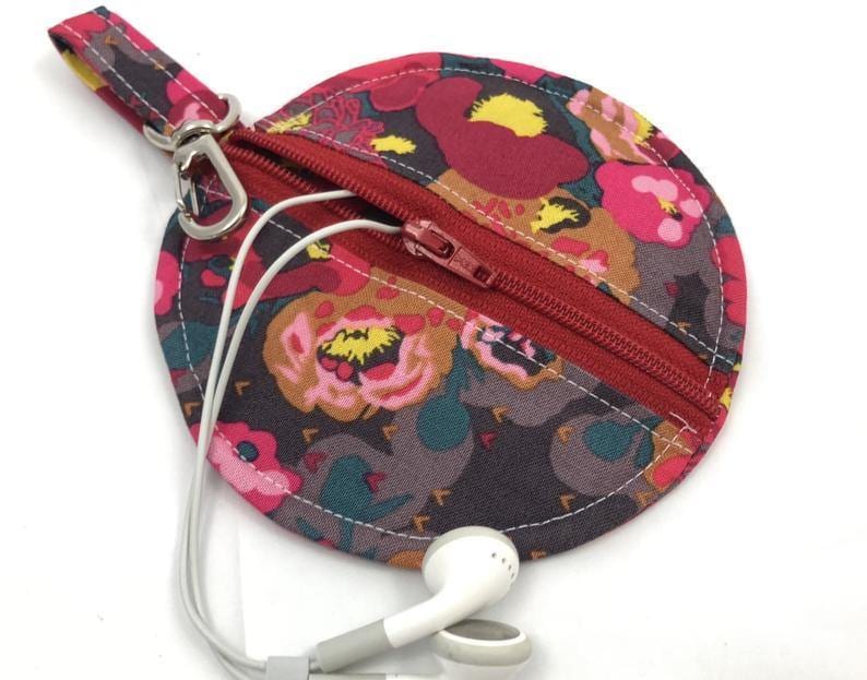 Red Earbud Case, Headphone Case, Handmade Pouch, Peonies Floral - EcoHip Custom Designs