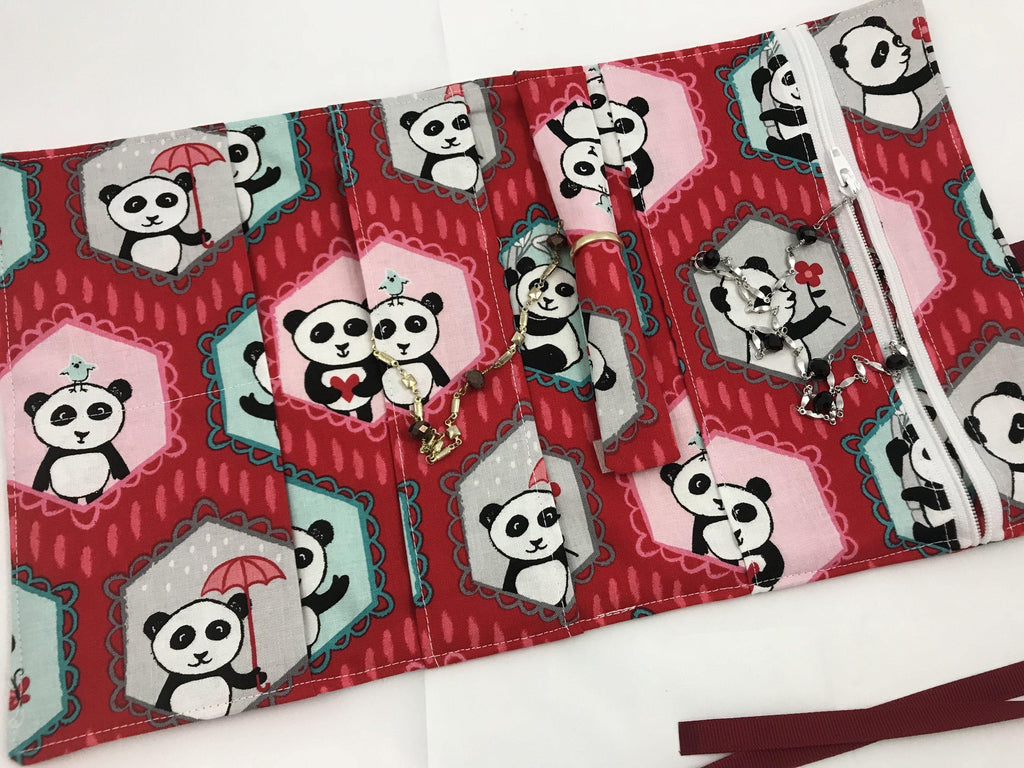 Red Travel Jewelry Case, Travel Bracelet Pouch, Jewelry Organizer, Panda - EcoHip Custom Designs