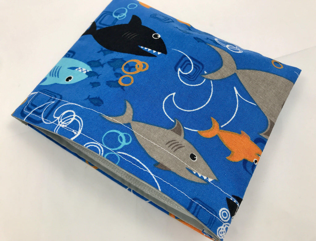 Reusable Boy’s Snack Bag, Blue Fabric Snack Baggie, Sharks - EcoHip Custom Designs