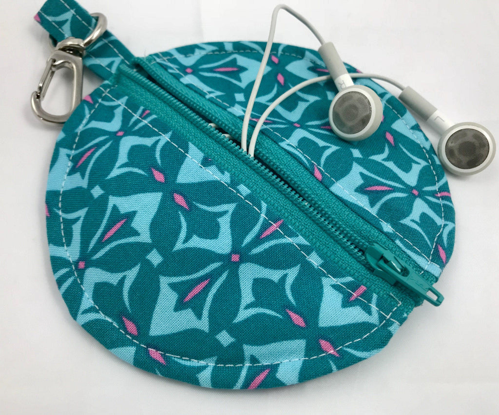 Round Earbud Case, Blue Air Pod Pouch, Lens Cap Holder, Tiny Zipper Pouch, Teal - EcoHip Custom Designs