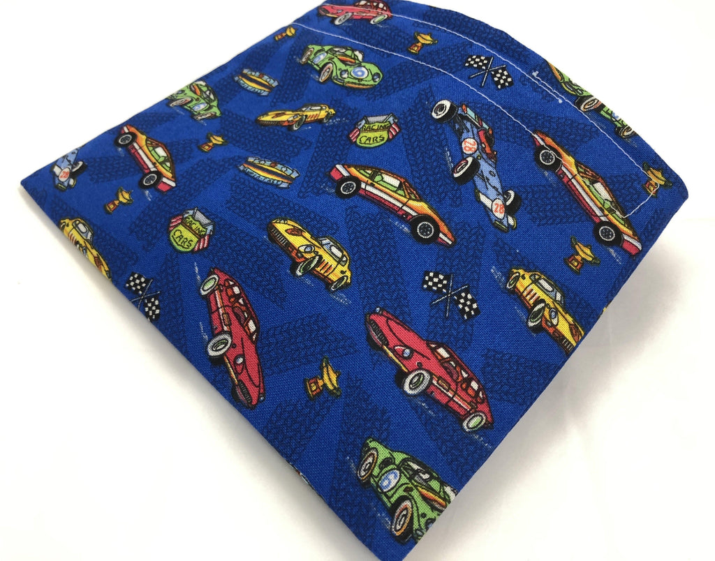 School Kid's Snack Bag, Reusable Boy’s Snack Pouch, Blue Race Cars - EcoHip Custom Designs