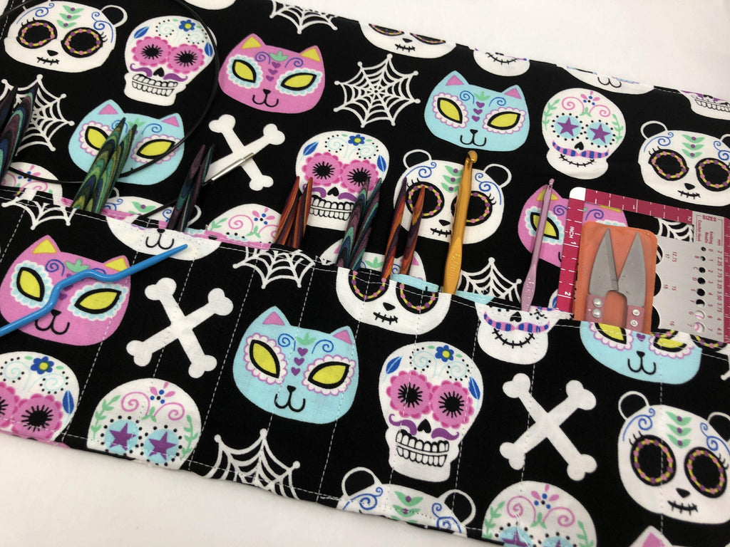 Sugar Skull Interchangeable Knitting Needle Case, Fabric Crochet Hook Roll - EcoHip Custom Designs