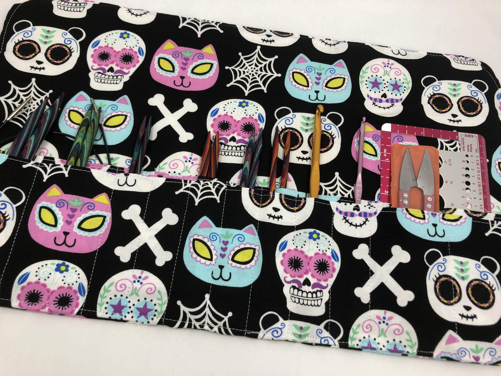 Sugar Skull Interchangeable Knitting Needle Case, Fabric Crochet Hook Roll - EcoHip Custom Designs