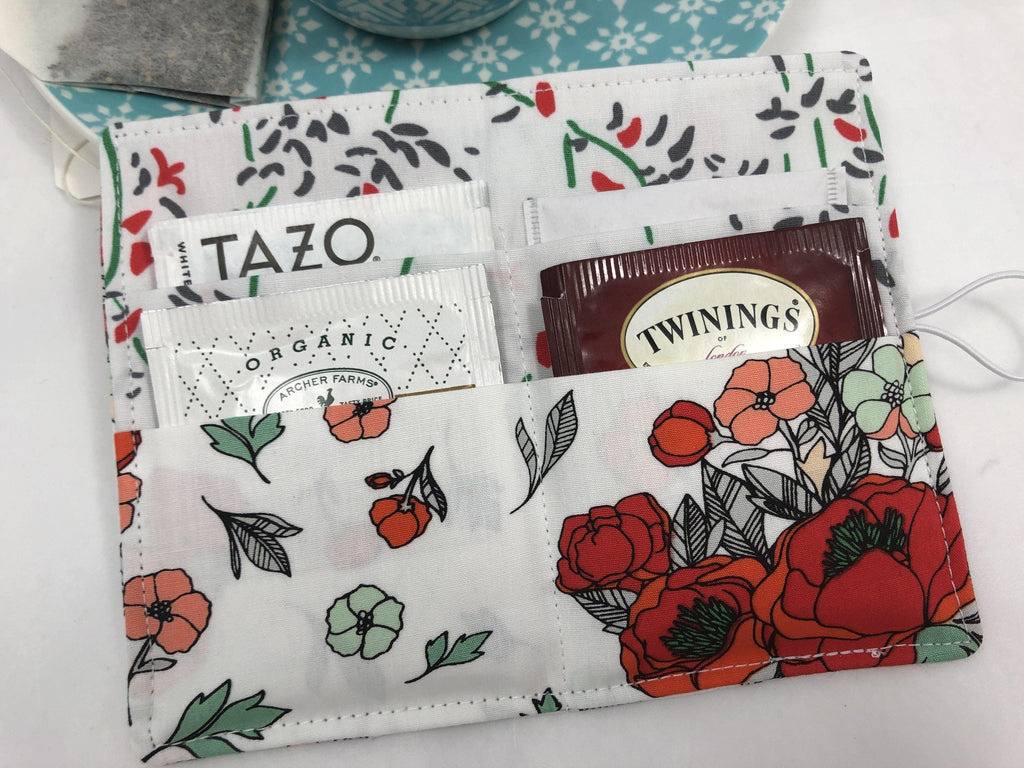Tea Cozy, Travel Tea Bag Holder, Business Card Wallet, Tea Lovers, Blooms Red - EcoHip Custom Designs
