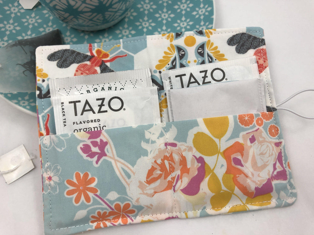 Teabag Wallet, Travel Tea Holder, Gift Card Case, Tea Lover, Blossoms Blue - EcoHip Custom Designs
