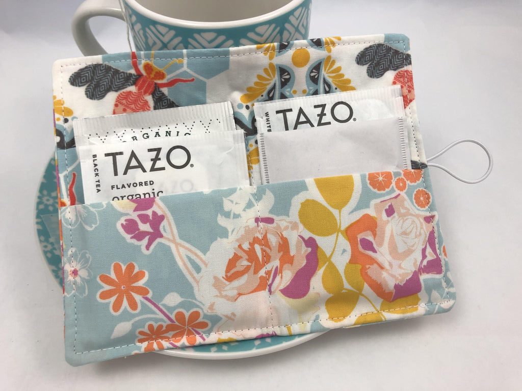 Teabag Wallet, Travel Tea Holder, Gift Card Case, Tea Lover, Blossoms Blue - EcoHip Custom Designs