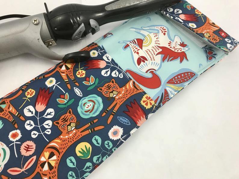 Tigers, Curling Iron Holder, Blue Flat Iron Bag, Travel Curling Wand Sleeve - EcoHip Custom Designs