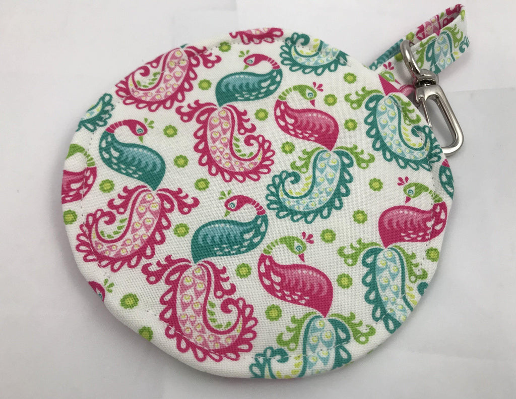 Travel Earbud Case, Pacifier Pouch, Chapstick Holder, Pink, Paisley, Birds - EcoHip Custom Designs