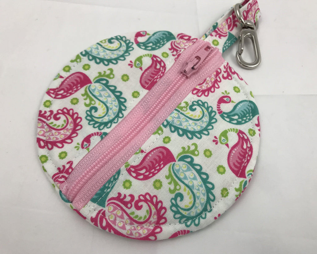 Travel Earbud Case, Pacifier Pouch, Chapstick Holder, Pink, Paisley, Birds - EcoHip Custom Designs