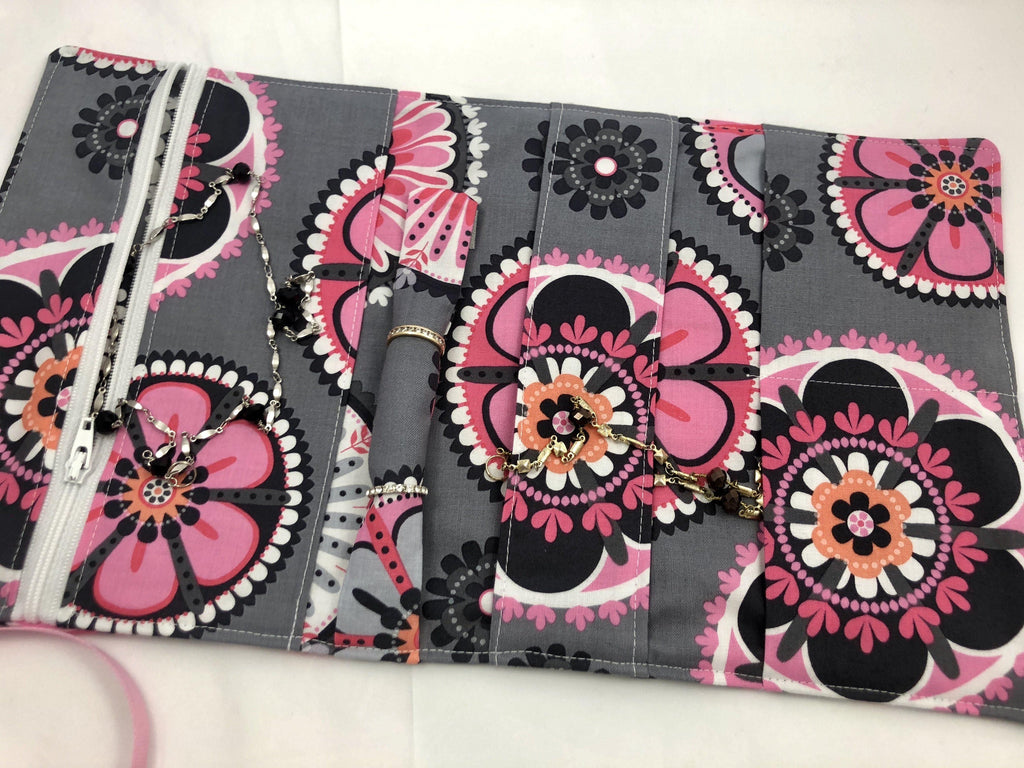 Travel Jewelry Case, Ring Holder, Fabric Jewelry Roll, Pink, Gray - EcoHip Custom Designs